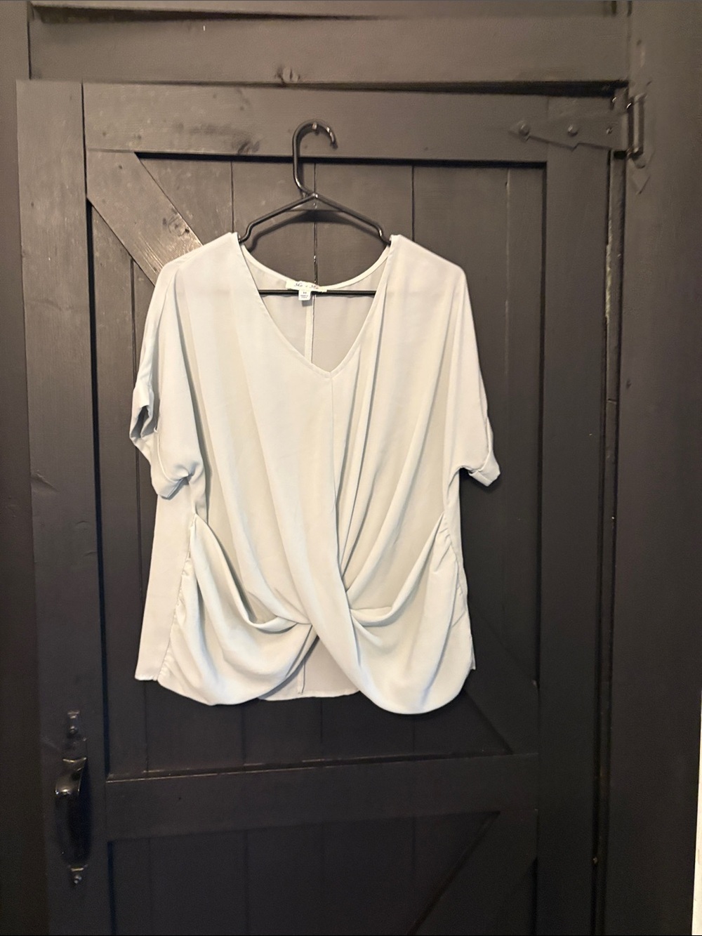 She + Sky Pale Blue Draped Twist-Front V-Neck Blouse